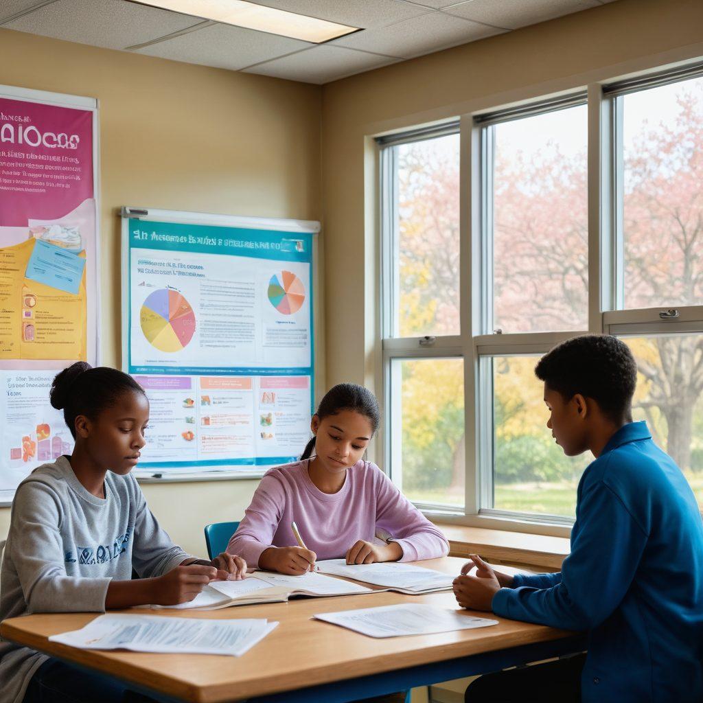 A serene classroom scene with diverse students engaged in learning about cancer awareness through interactive resources, books, and posters. In the background, a large infographic emphasizes statistics about cancer prevention and education. Soft natural light filters through the windows, symbolizing hope and transformation. Include elements like medical books and community outreach materials to highlight resources. super-realistic. vibrant colors. natural light.