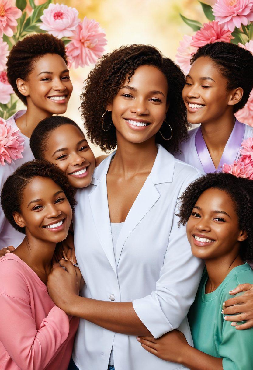 A serene scene illustrating a diverse group of people supporting each other, with one person sharing a hopeful smile, symbols of cancer awareness ribbons in the background, surrounded by blooming flowers representing growth and resilience. Soft, warm lighting enhances the uplifting atmosphere. super-realistic. vibrant colors. soft background.